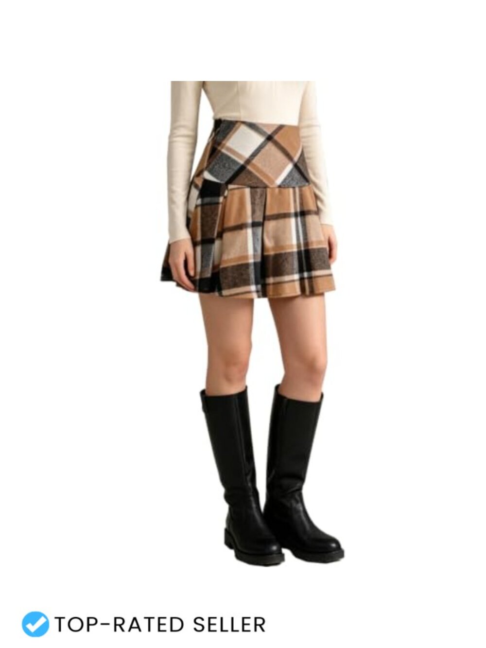 Wool Blend Plaid Pleated A-Line Mini Skirt High Waisted Fall Winter